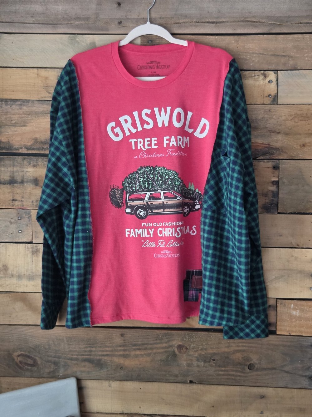 Upcycled Graphic Chritmas Vacation  Holiday Tee - Pink with Green Plaid Sleeves